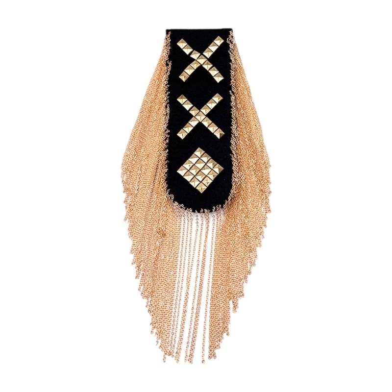Punk Rivet Studded Shoulder Epaulettes Gold Chain Tassels Brooch Pin Epaulets Shoulder Badge for Suit and Jackets чёрный