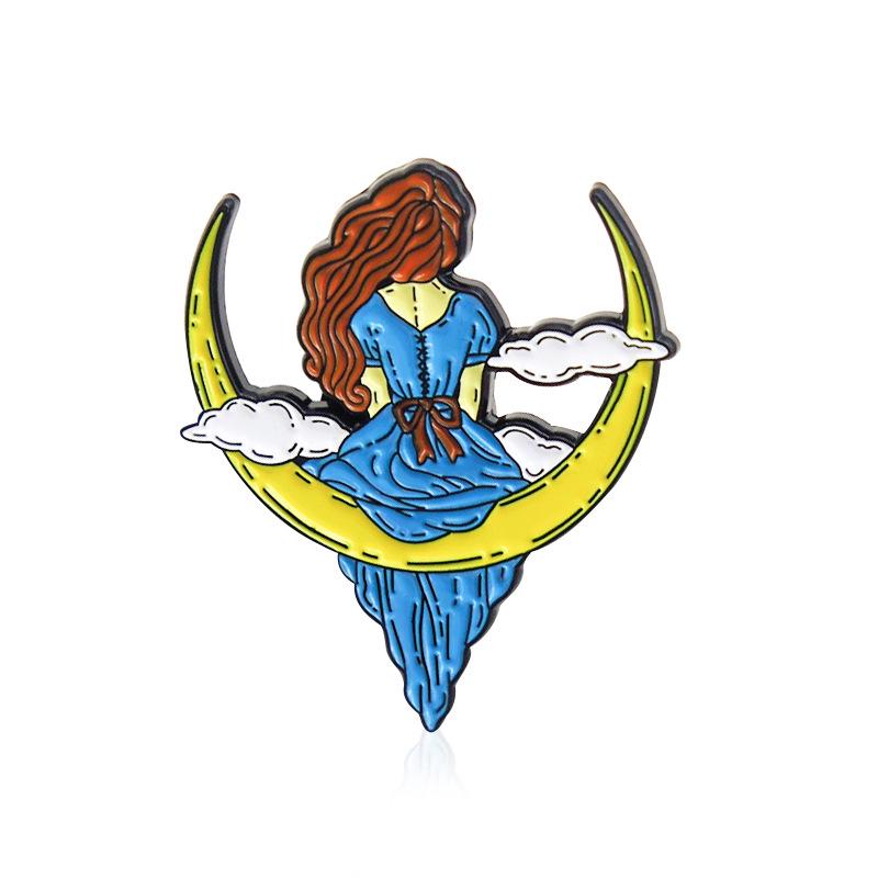 Girl with Long Hair in Blue Dress on Moon Swing, Dreaming of Trendy Brooch.