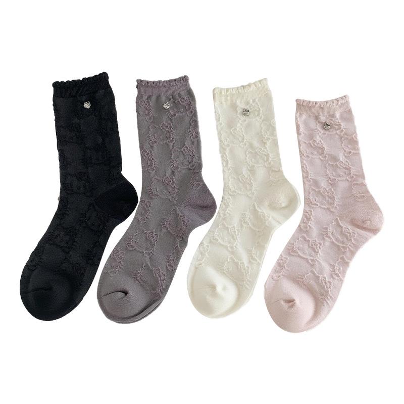 Female Spring and Autumn Cartoon Cute Pendant Relief Dark Flower Lace Tube Pile of Cotton Socks