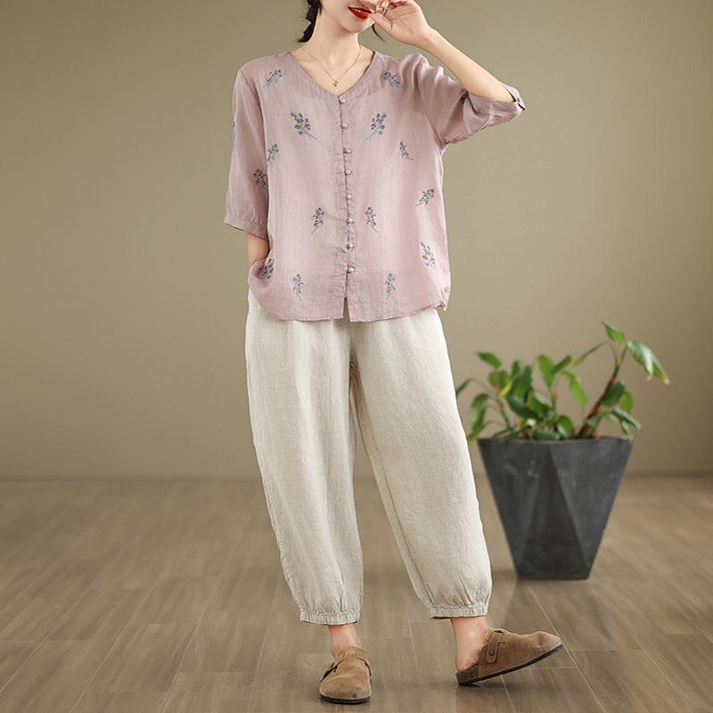 Women's V-Neck Cotton & Linen Embroidered Shirt with 5-Point Sleeves - New Chinese Style, Loose Fit, Versatile for Summer.