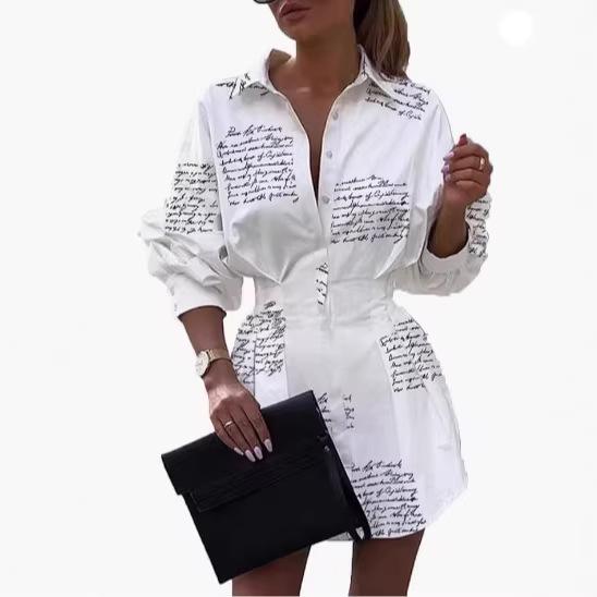 European and American Women's Sexy Mini Letter Print Casual Button-down Long-sleeved V-neck Waist Shirt