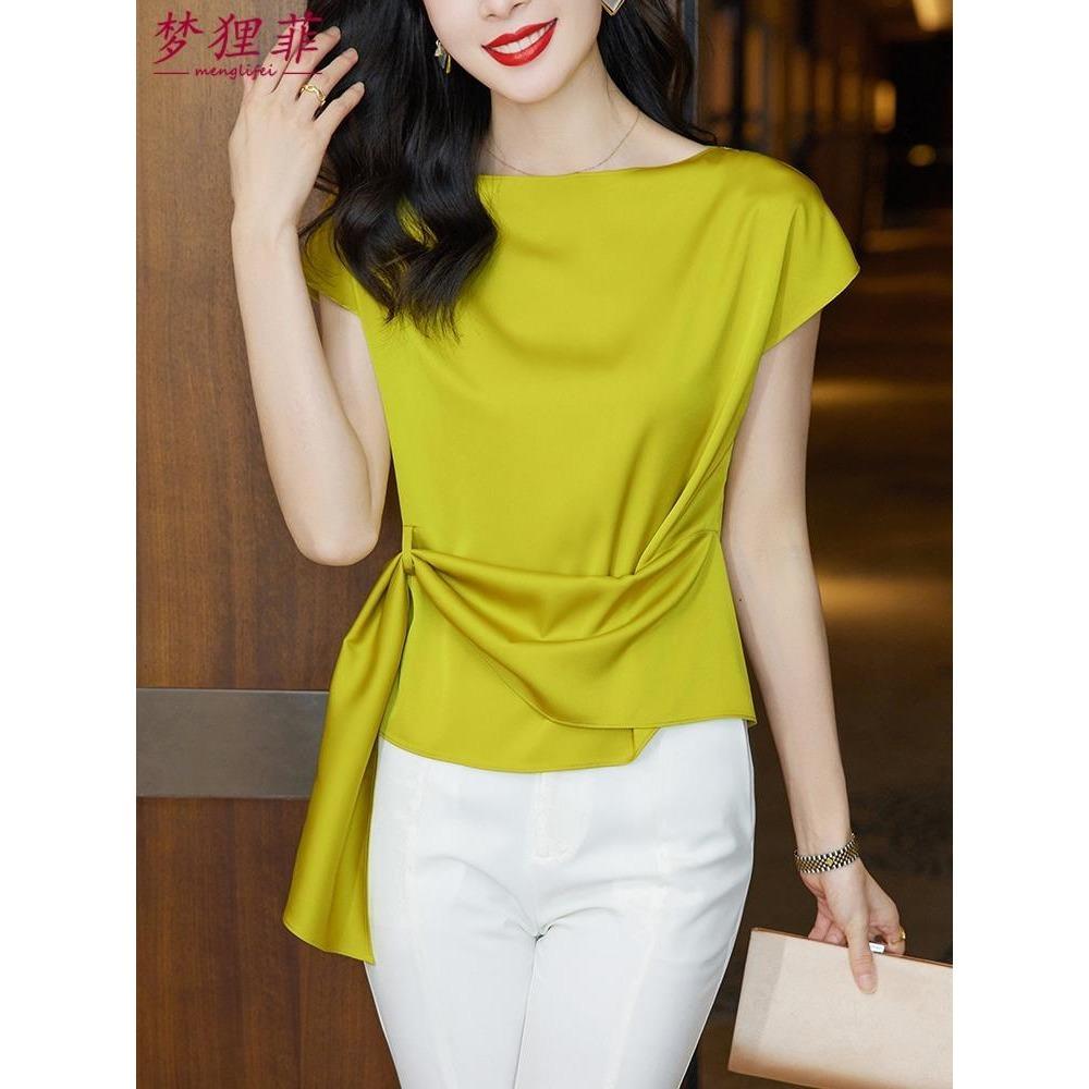 High-end Short Sleeved Blouse for Women Summer Chiffon Satin Top Elegant Stylish Shirt for the Summer