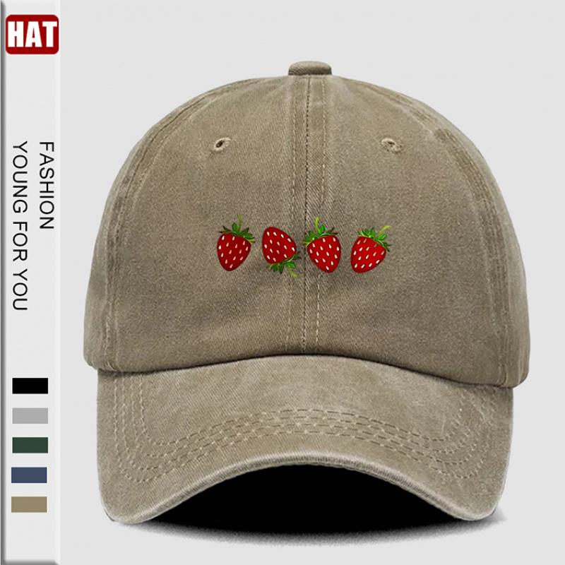 pc Strawberries Printed Hat Washed Baseball Hats for Men Beach Hat for Women Breathable Caps Hot Selling Adjustable DAD Hat