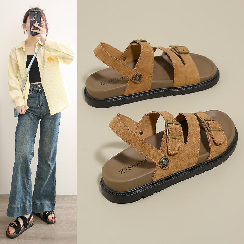 2025 Women's Shoes Buckle Strap Women's Sandals New Belt Buckle Casual Sandals Women High Quality Peep Toe Flat Sandals