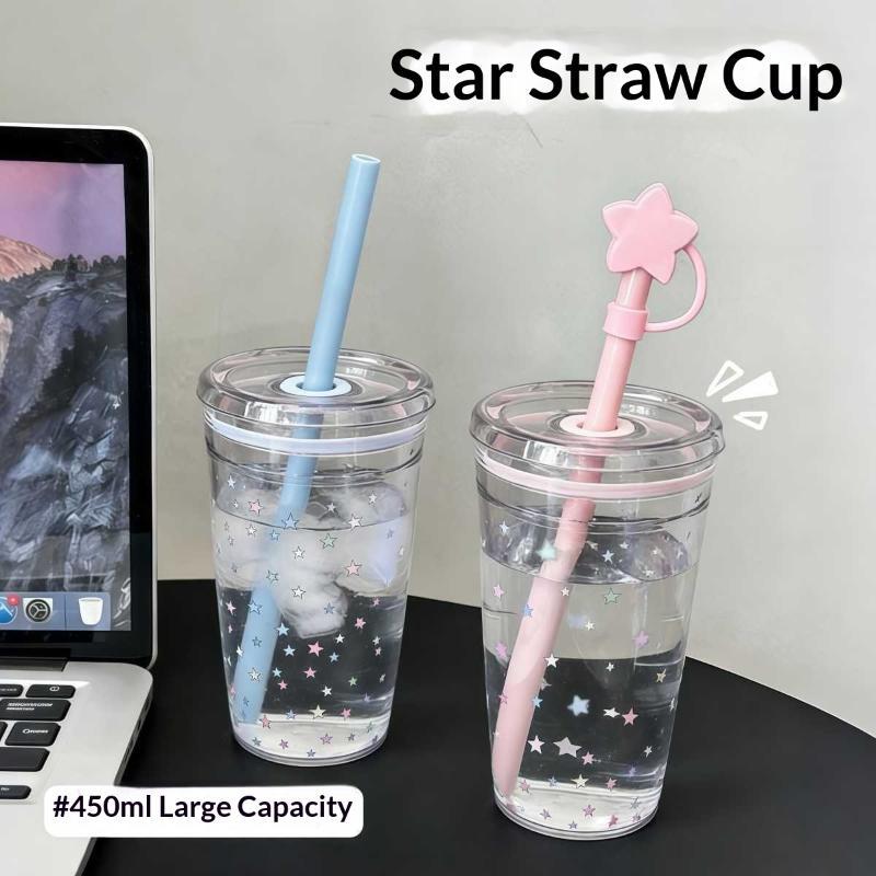 Tazza di Plastica da 450ml con Cannuccia Tè Caffè Latte Cannucce Semplici Dolce Carina Tazza a Stella Regali per Amici