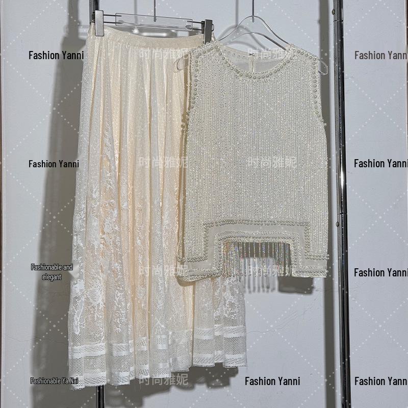 Yanni Pearl Beaded Tassel Vest & Mesh Midi Skirt