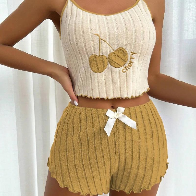 Summer 2pcs Pajamas Set for Women Casual Simple Ground Wool Halter Vest Shorts Set Home Wear Sleepwear Loungerwear