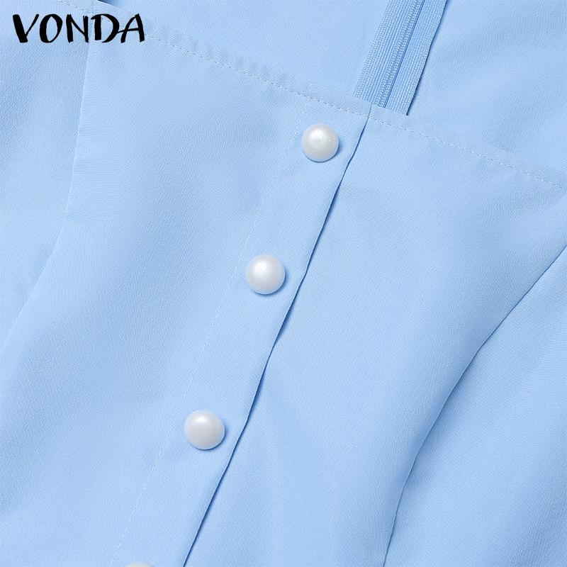 VONDA Women Casual Square Neck Puff Long Sleeve Solid Color Hip Dresses