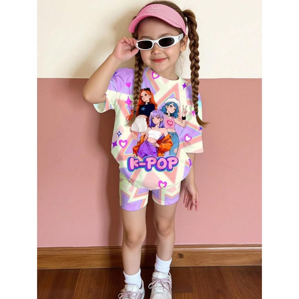 Kpop Cartoon Graphic New T-Shirt and Pants Set Girls' Summer Clothing Cute Short Sleeve Set Children's T-Shirt and Shorts Set