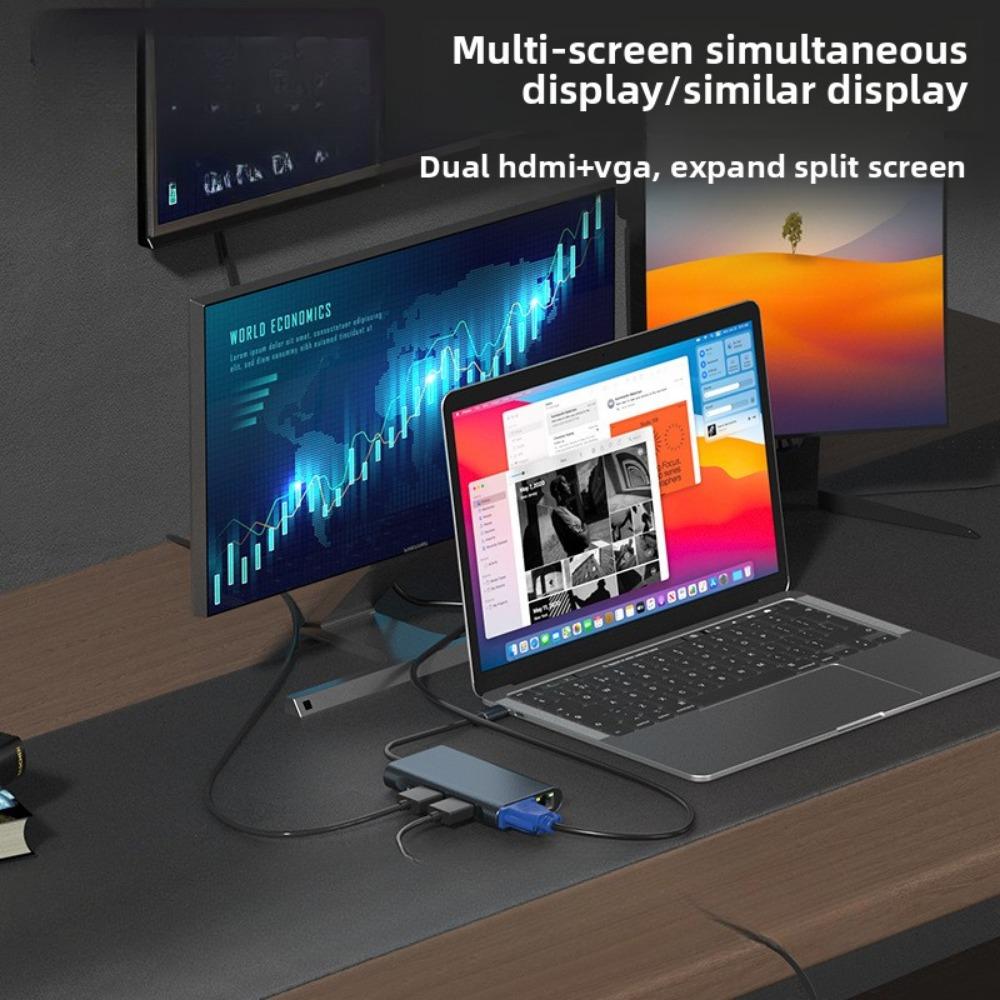 8-in-1 Type-C Docking Station Dual HDMI VGA USB Hub for Laptop Screen Extension