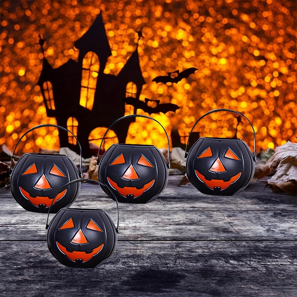 6PCSHalloween Decoration Trick Or Treat Portable Pumpkin Bucket Black Small Candy Bucket For Halloween Decoration Party Supplies
