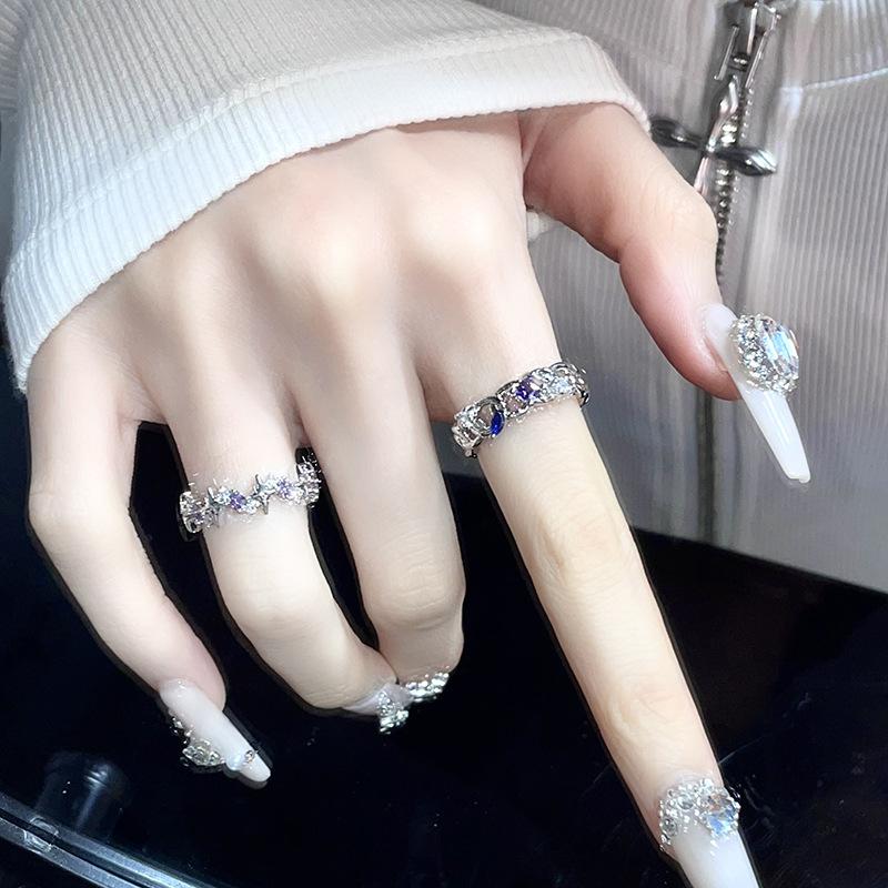 Niche Design Sense Diamond-Encrusted Zircon Mango Chain Open Ring Advanced Sense French Adjustable Stacked Ring Women