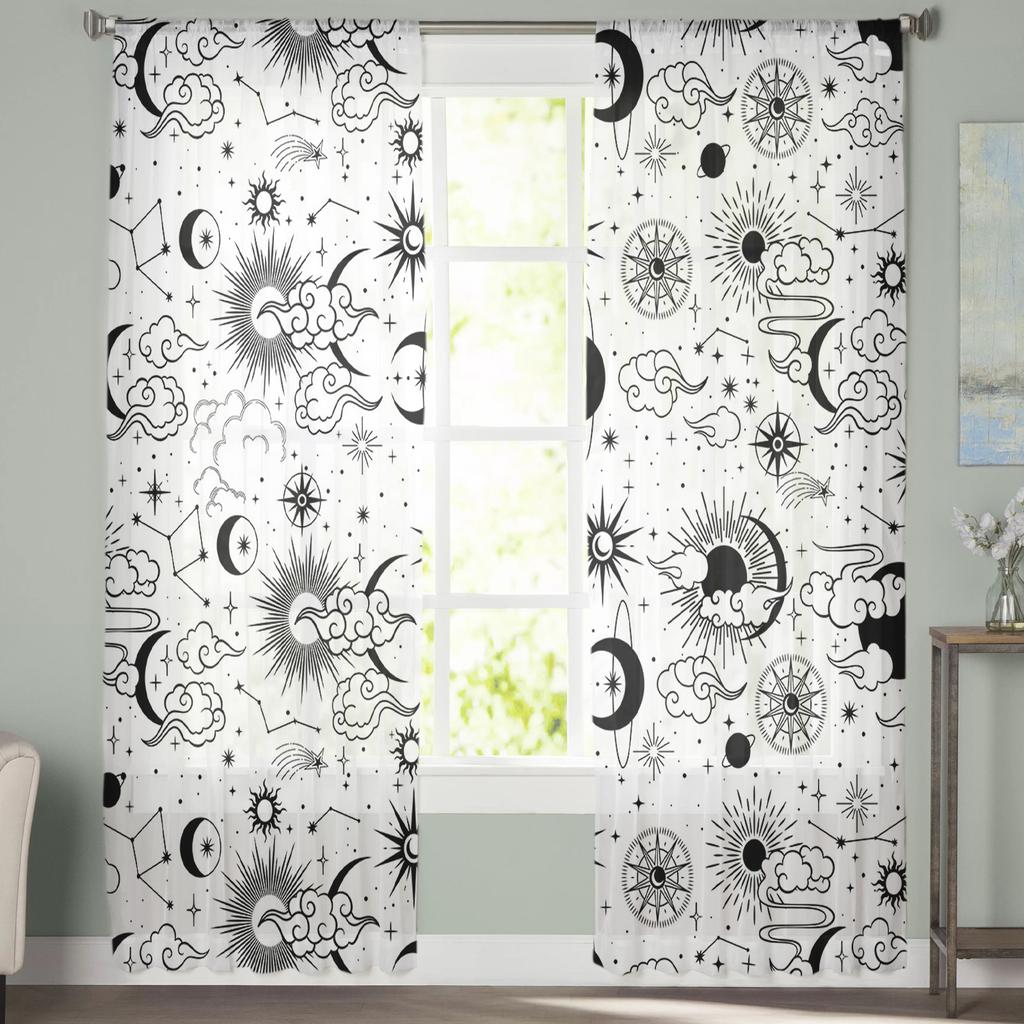 Galaxy Moon Sun Simple Planet Sky Sheer Curtains Living Room Window Tulle Curtains Bedroom Veiling Curtains Decor Luxury Drapes