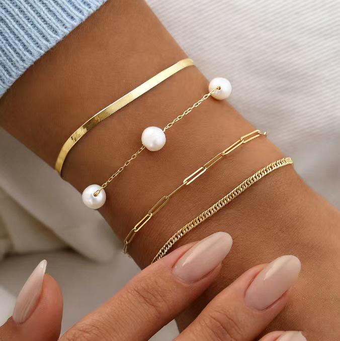 European and American Multi-Layer Beaded Fashion Bracelet Set with Imitation Pearls