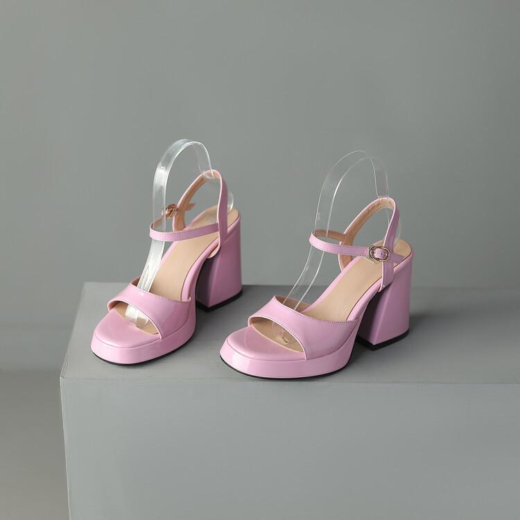 Fashion New patent leather round head fish mouth hollow buckle waterproof platform thick heel high heel sandals for women