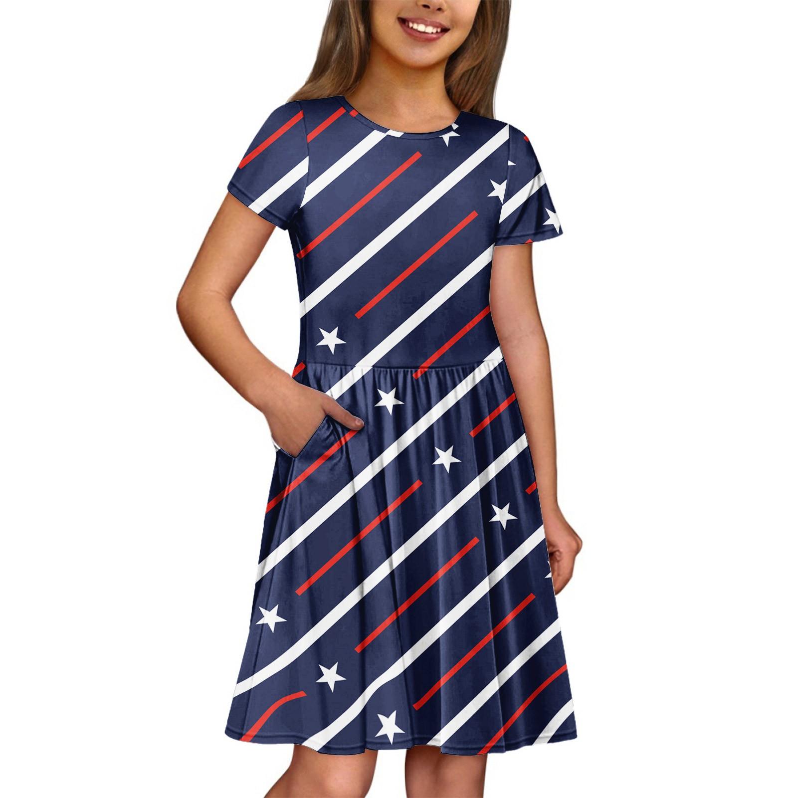 

Летнее платье для девочек, однотонное платье без рукавов с принтом и карманом, повседневное платье, вечернее платье с короткими рукавами 140 тёмно-синий