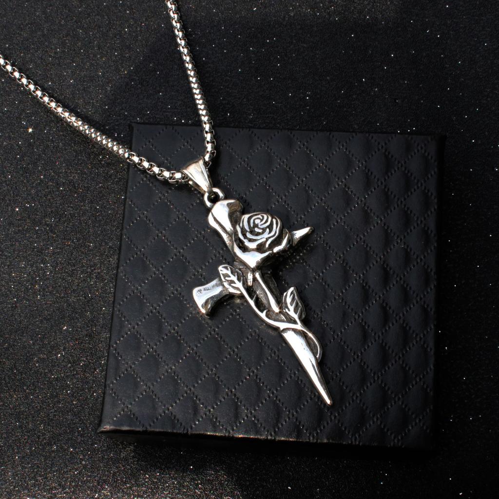 Homemade Guochao Hip-Hop Retro Rose Titanium Steel Necklace Men'S Personality Accessories Pendant Tide Brand Pendant