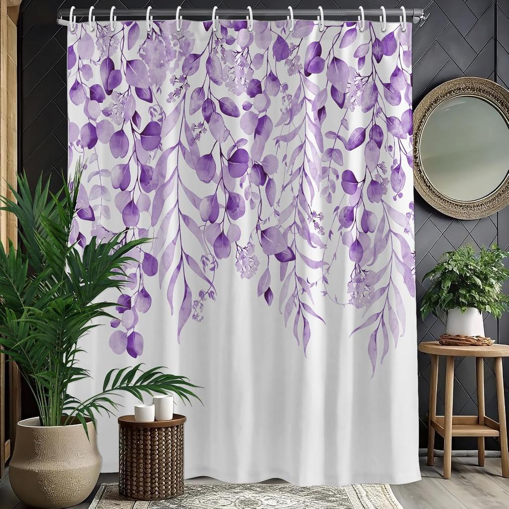 Rustic Brown Leaf Shower Curtain with Hooks, Watercolor Botanical Eucalyptus Bathroom Decor, Boho Farmhouse Waterproof Polyester
