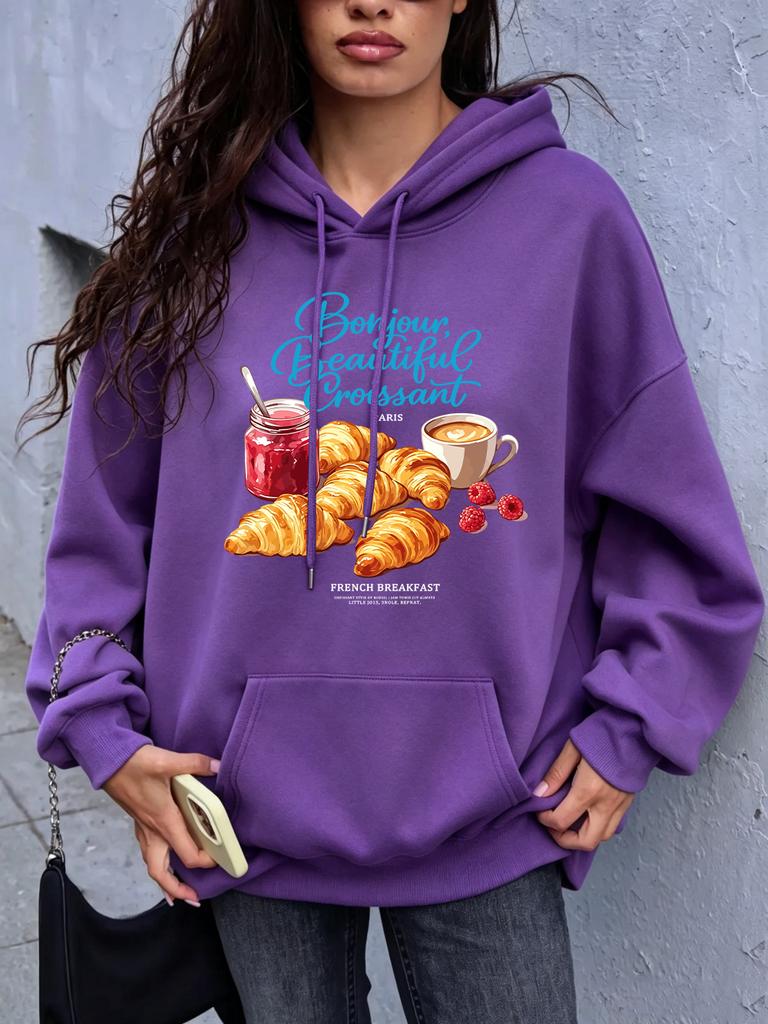 Bonjour Beautiful Croissant Prints Hoodies Womens Casual Fleece Warm Sweatshirt Basics Loose Pocket Pullover Winter Jogging Tops