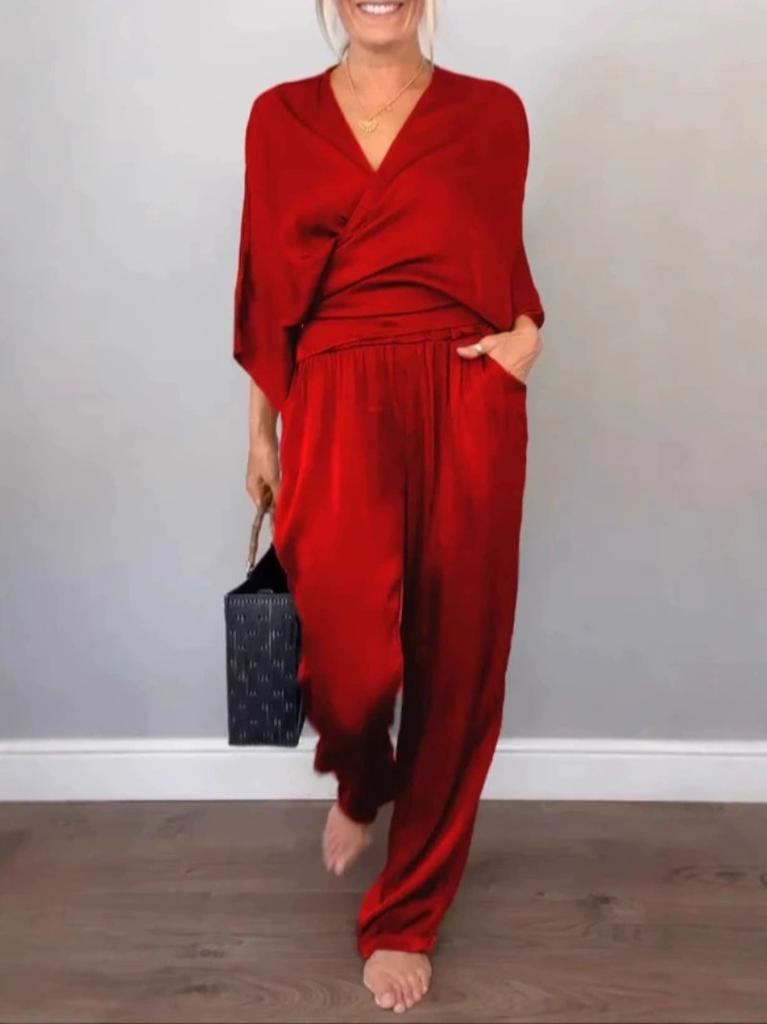 Fall Solid-Color Satin Short-Sleeve Women's Fashion Top and Pants Set