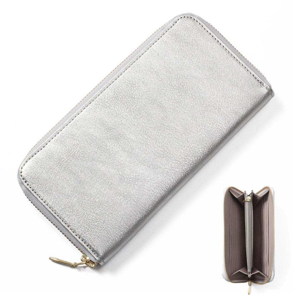 Blanc Pomme Rose Pomme Women's Long Wallet, Genuine Leather and Cotton Twill, Made in Japan, Round Zipper, Stylish, Silver, rp-1006