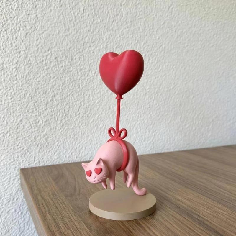 Cute Cat Figurine with Heart Balloon Sweet Bow, Cute Resin Decor for Bedroom Desktop Gift for Girlfriend Cat Fans D