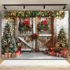 Christmas Holiday Background Featuring Elements of Country Wooden Doors White Brick Walls Christmas Trees and Gifts