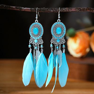 Bohemian Feather Earrings for Women Vintage Ethnic Style Long Inlaid Bead Metal Leaf Tassel Earring Pendientes Mujer Brincos