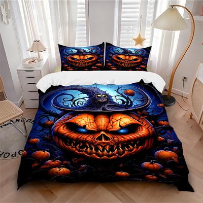 3pcs Pumpkin Head Halloween Bedding Set, Includes 1 Comforter + 2 Pillowcases, Without Pillow Inserts, Soft Comfortable, Lightweight Breathable094