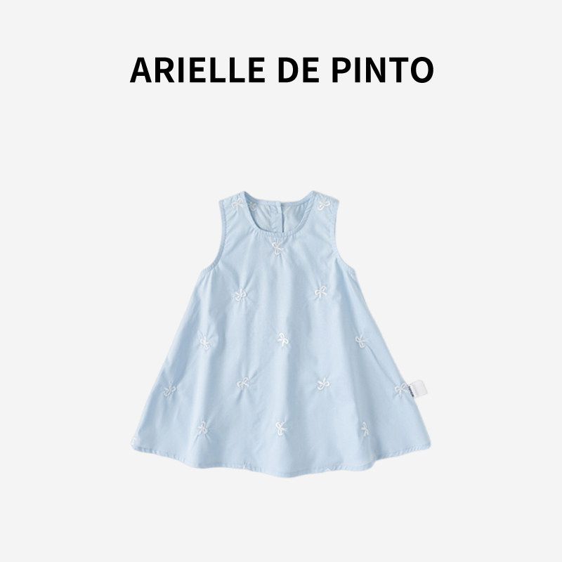 French Arielle De Pinto Girls  Dress Summer Sweet Printed Bow Ribbon Sleeveless Dress Blue 80