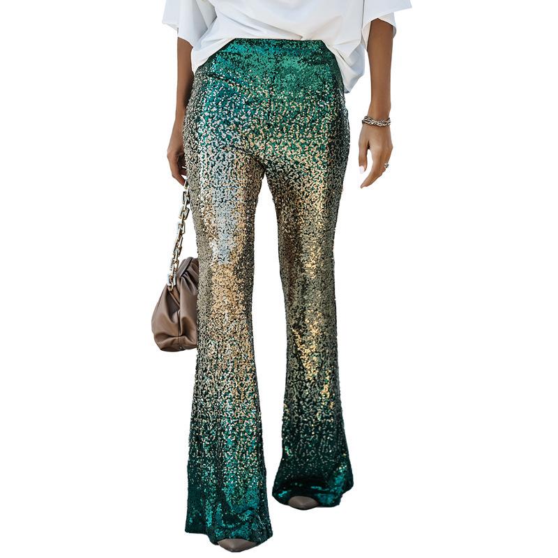 

2025 Autumn/Winter Women s Sequin Gradient Flare Trousers: European-American Fashion Trend M зелений
