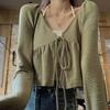 Pure Desire Short Hanging Neck Tank Top Long Sleeve Lace-up Cardigan 2Pcs Set Women Green T-shirt Slim Small Size Korean Fashion