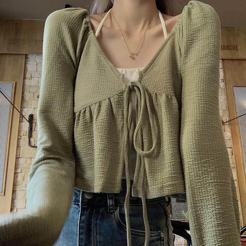 Pure Desire Short Hanging Neck Tank Top Long Sleeve Lace-up Cardigan 2Pcs Set Women Green T-shirt Slim Small Size Korean Fashion