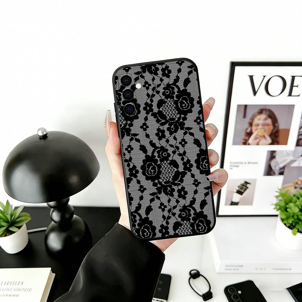 B-Black Lace Print Phone Case For Samsung Galaxy A73,A72,A71,A70,A53,A52,A51,Others Soft Black Cover