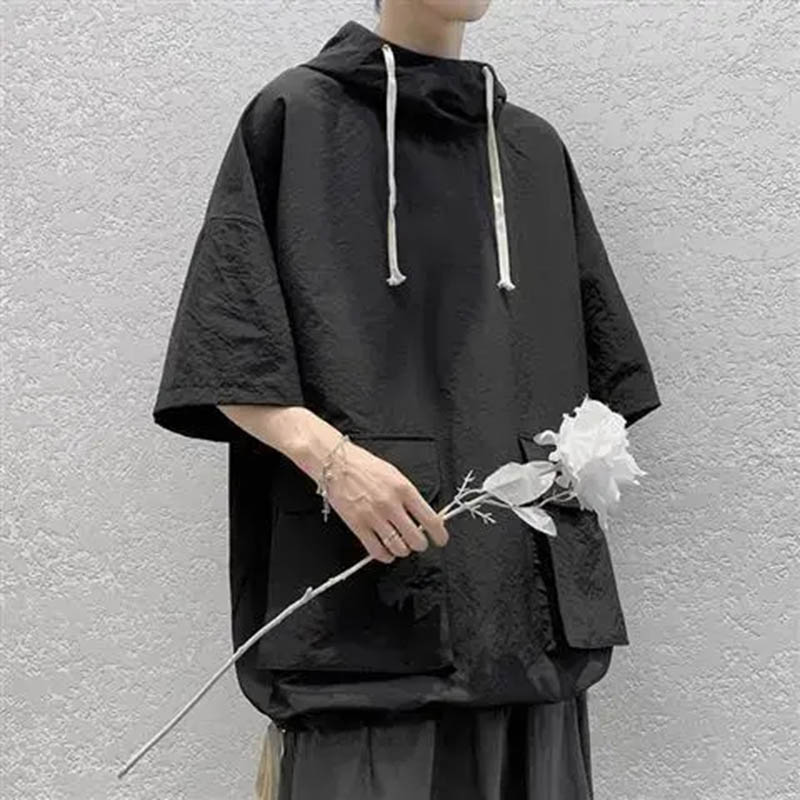 

Летняя и осенняя футболка с капюшоном и короткими рукавами, мужская корейская версия, свитер с половиной рукавов, мужской универсальный студенческий свободный топ с капюшоном и 5-точечными рукавами M