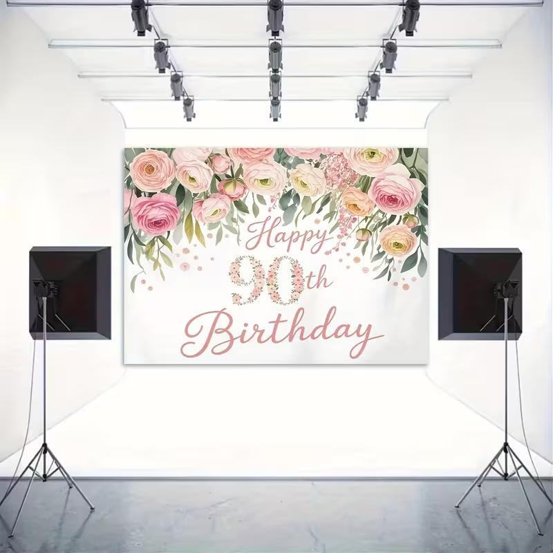 2D Elegant 90th Birthday Backdrop with Blush Pink Flowers & Greenery