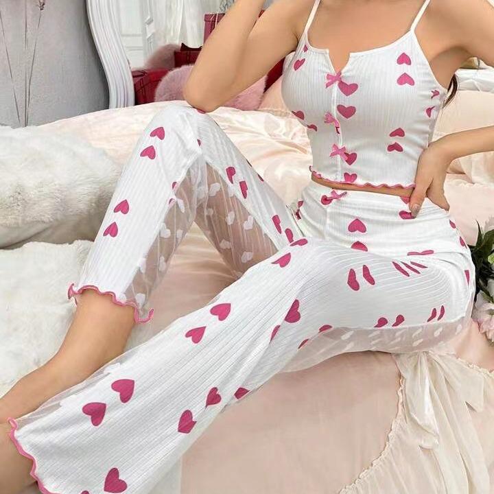 2024 Color Block Mesh Patchwork Camisole Pajama Set with Front Slit