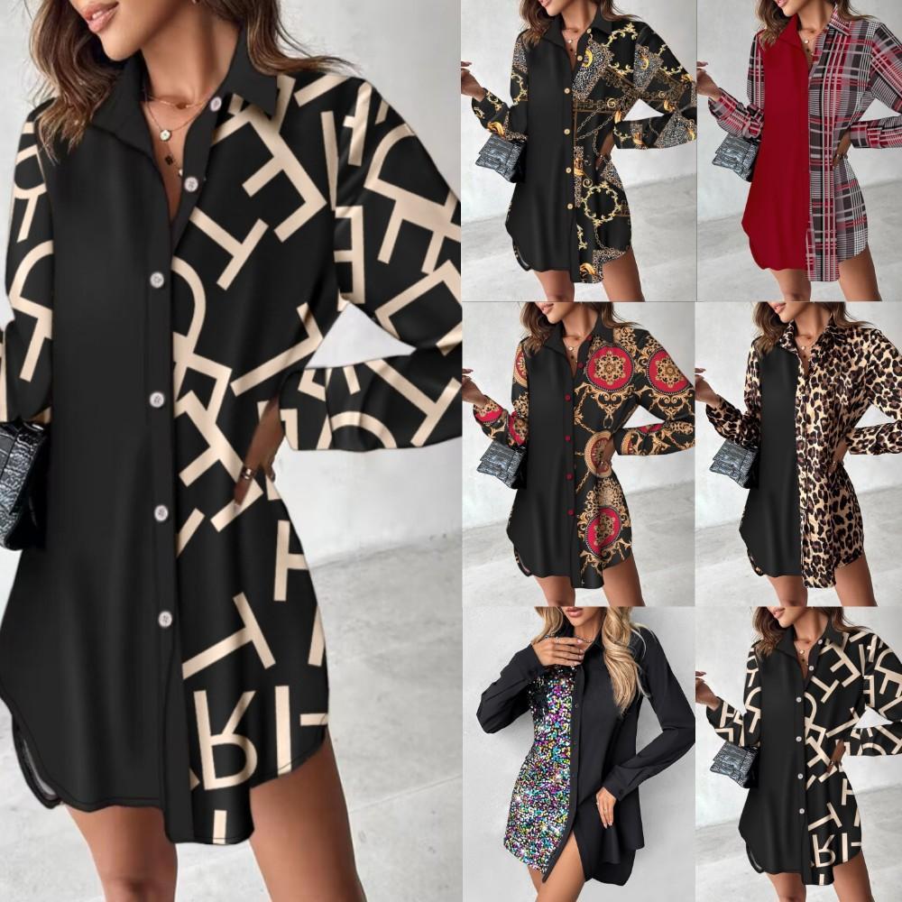 BITCED Women's Autumn and Winter Long Sleeve Printed Patchwork Button Dress Women's Shirt