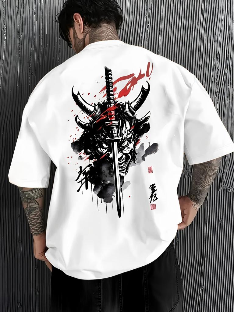 Summer Unisexs Samurai Pattern Printed Tshirt Youthful Fashion 100 Pure Cotton Breathable Roundneck Japanese Trendy Style