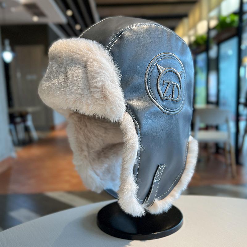 Female autumn and winter thickened warm PU leather plush hat outdoor skiing cold ear protection hat flying hat trendy man