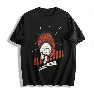 Old School Free Ride Punk Mohawk Skull Graphic Print Casual Tee Pure Cotton T-shirt