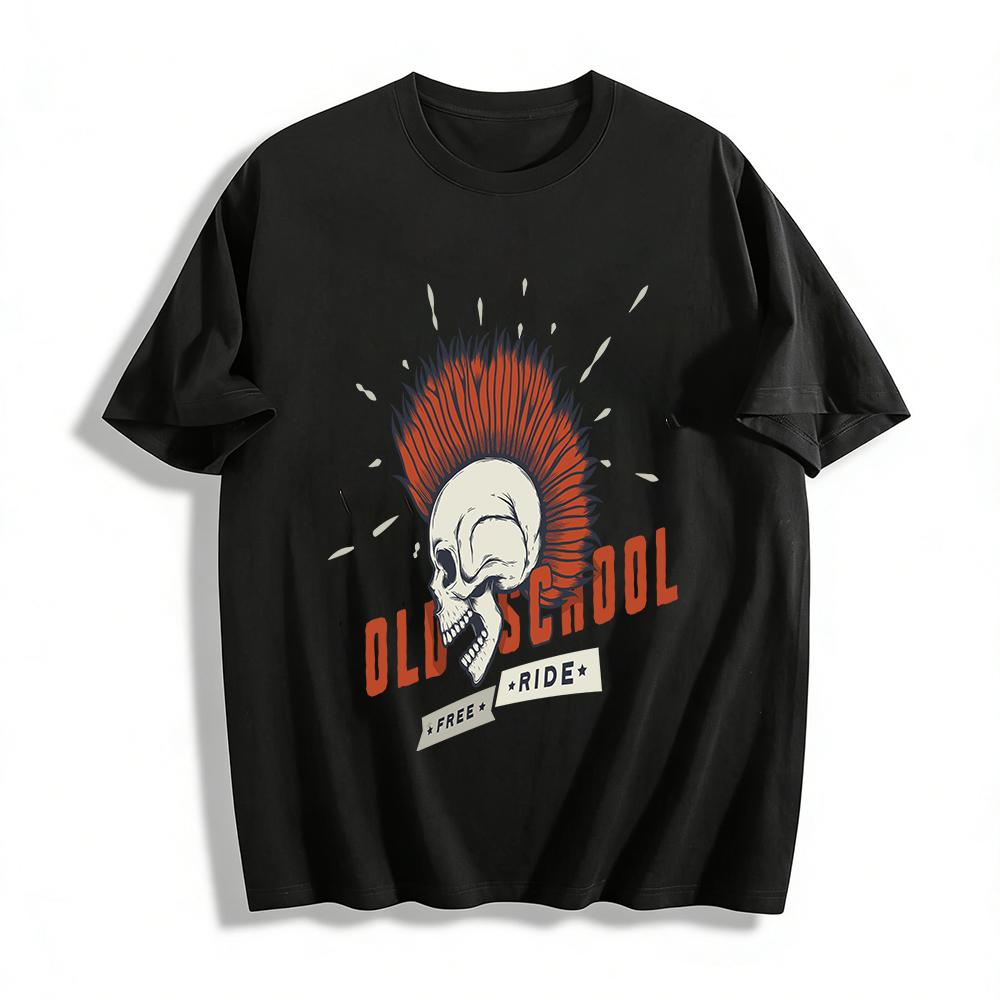 Old School Free Ride Punk Mohawk Skull Graphic Print Casual Tee Pure cotton T-shirt XXS