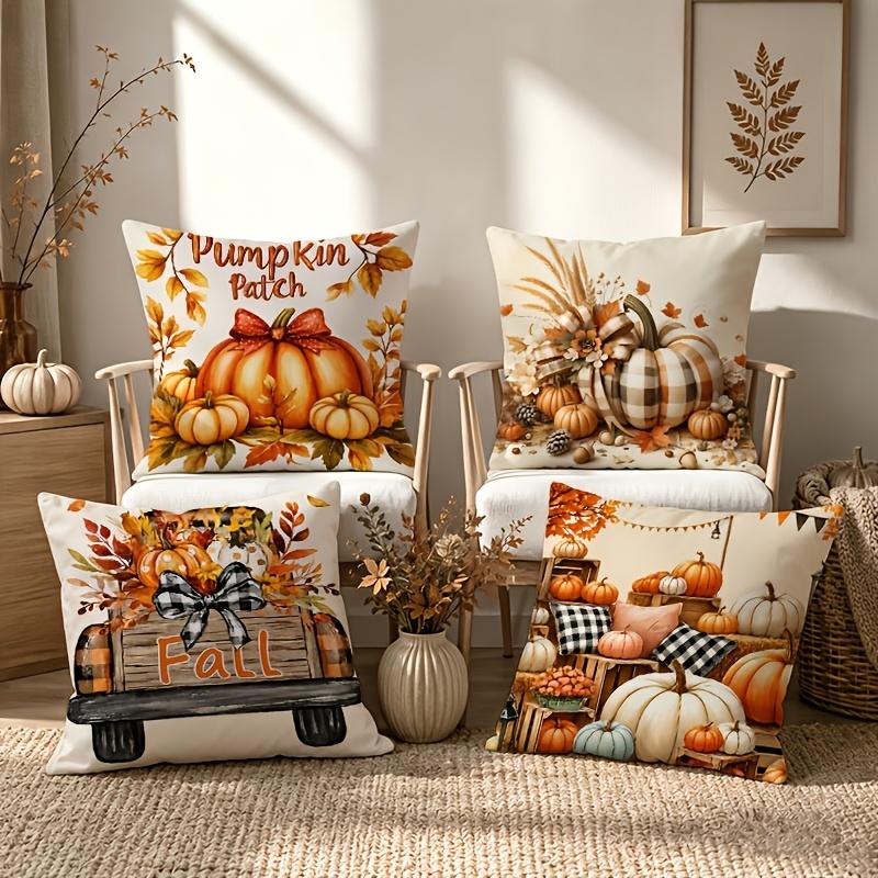 2D Double-Sided Printed, 4pcs Autumn Country Farmhouse Pillow Covers Suitable for Kitchen Sofa Bedding, Plaid Pumpkin Fall Leaf & Vintage Truck Cushio