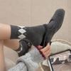 Winter and Autumn Thick and Warm Grey-colored Bow-knitted Wool Socks for Women, Striped Fabric Label, Without Bones, Mid-calf Length Socks