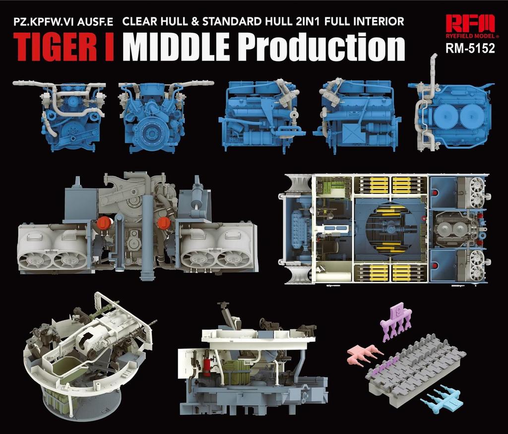 Ryefield Models German Tiger I Heavy Tank Full Interior Hull Workable Tracks Plastic Model Kit RFM5152 1/35 Mid-Production Clear/Standard Parts,