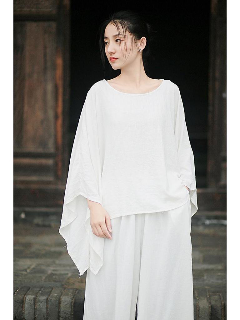 Damski Retro Cool Lniany Zestaw Top & Spodnie z Szerokimi Nogawkami - Dostępny w 3 Kolorach