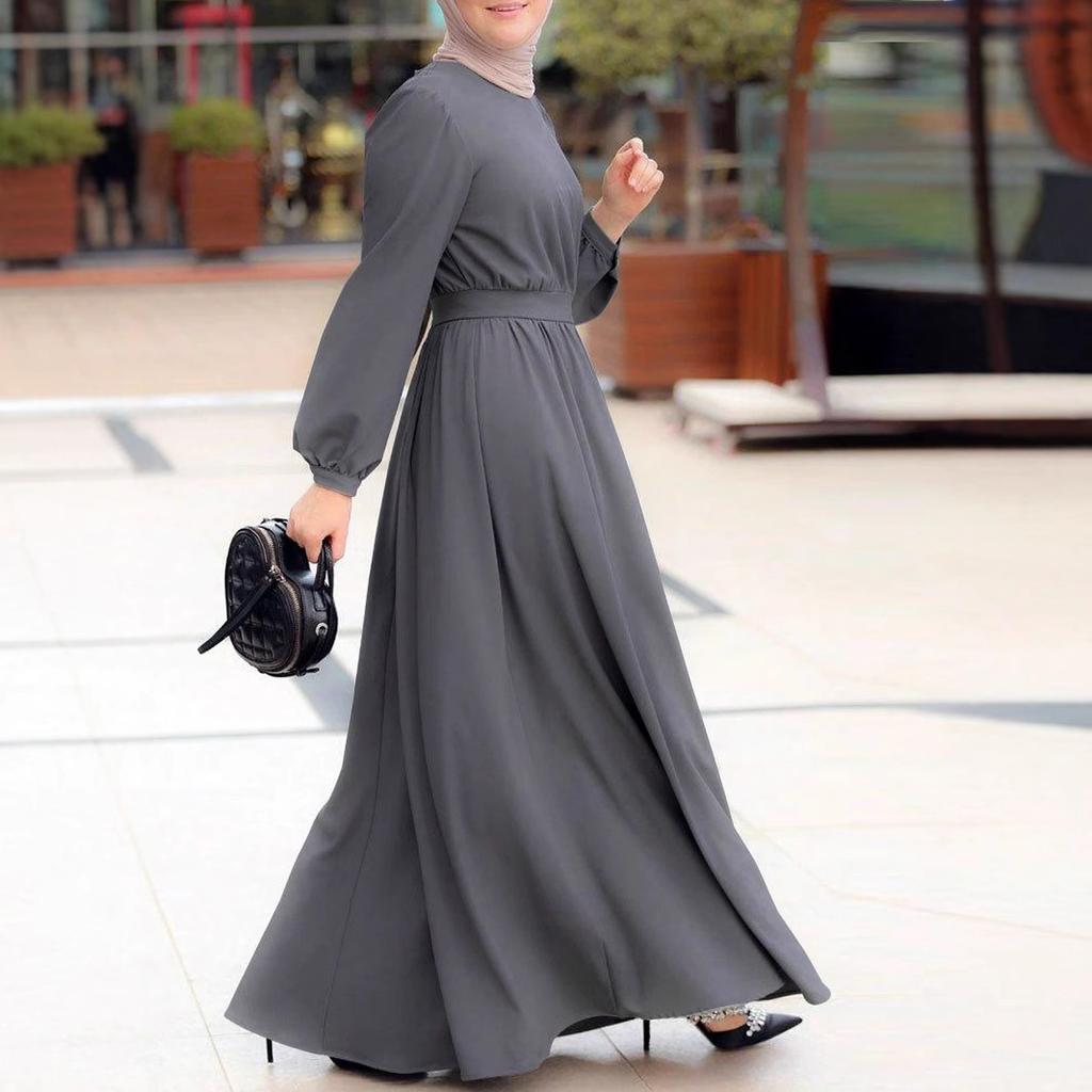 Women's summer solid color V-neck lantern sleeve lace-up long dress