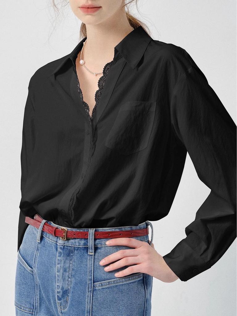 Women's VEGA Long Sleeve White Shirt - 2026 Spring Auroral Style with Lace Trim