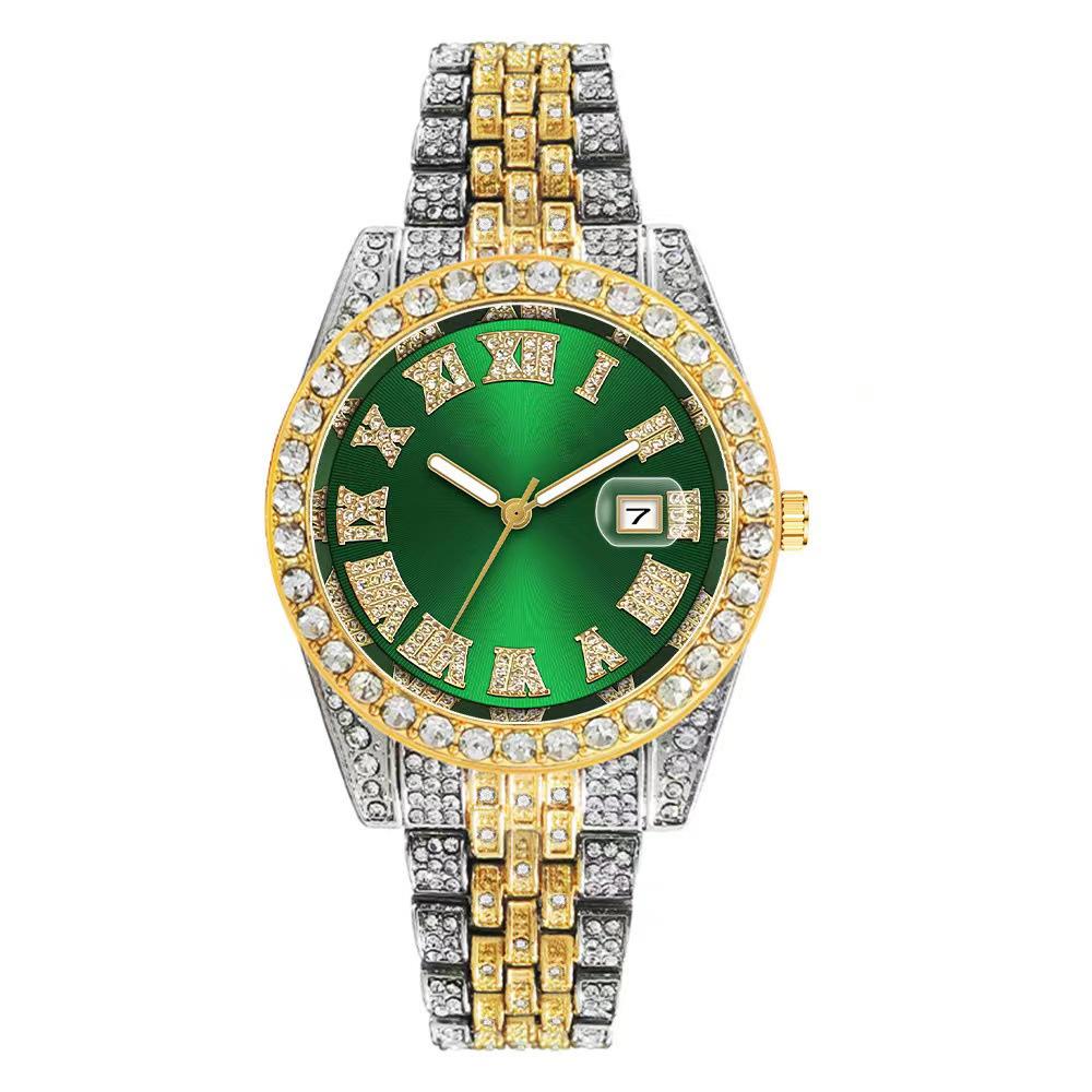 Luxus Hip Hop Edelstahl Goldfarbe Kalenderuhr Für Männer Iced Out Besetzt mit Strasssteinen Herrenuhr Reloj Hombre