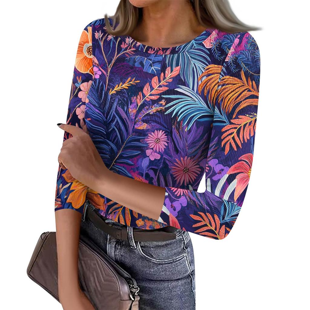 Women's Slim Bottom T-shirt Fashion Casual  Printed Round Neck Pullover Seven Sleeve Top
